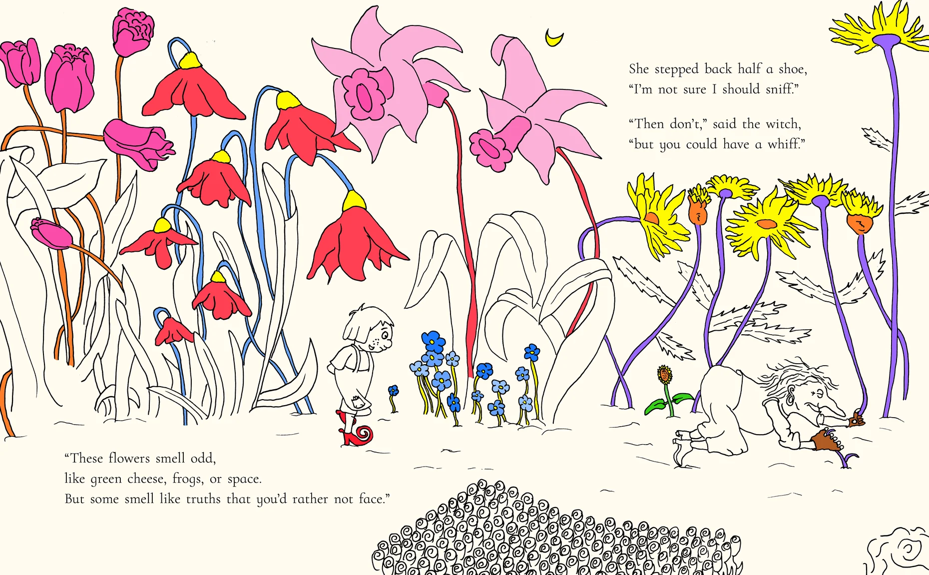 A meadow of oversized red, pink and yellow flowers, the girl small among the stems while a witch crouches to sniff one.