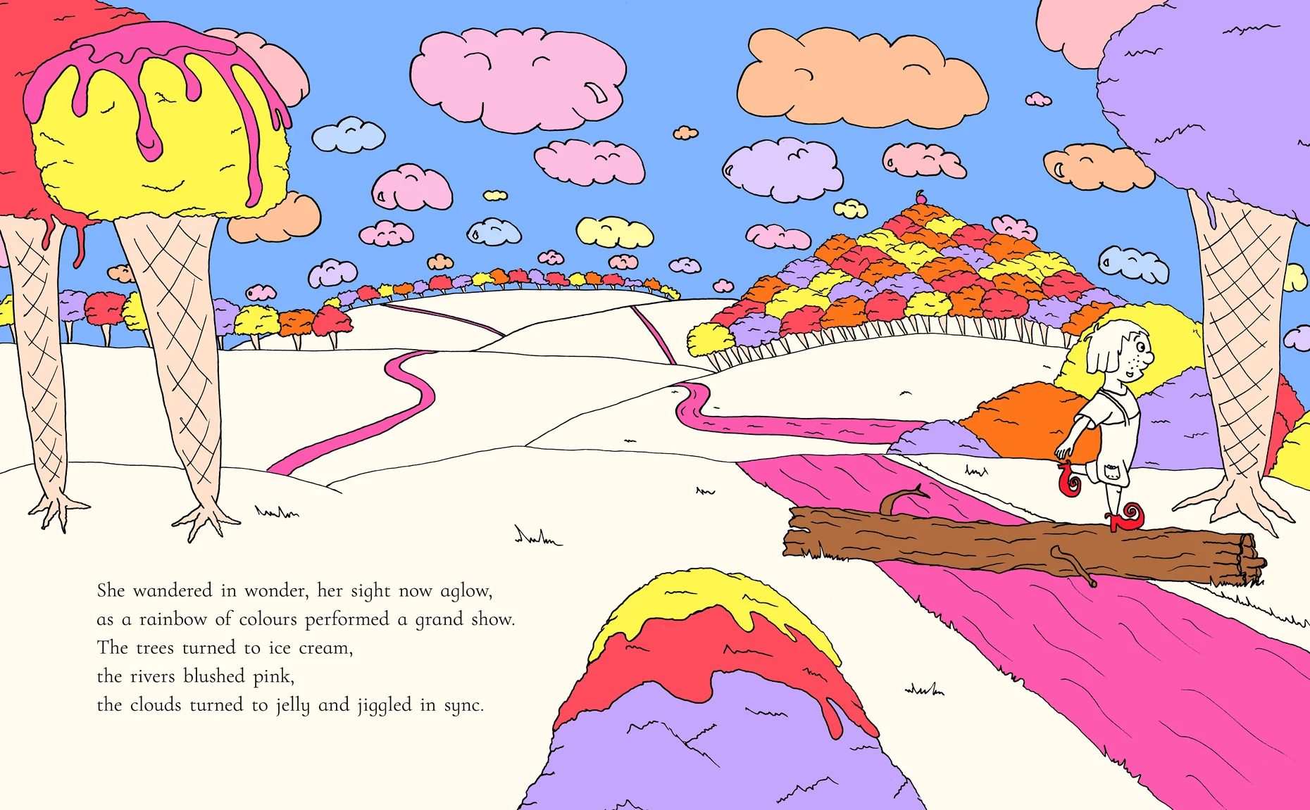 The girl crosses a log over a bright pink river, in a landscape of ice-cream trees and jelly clouds.