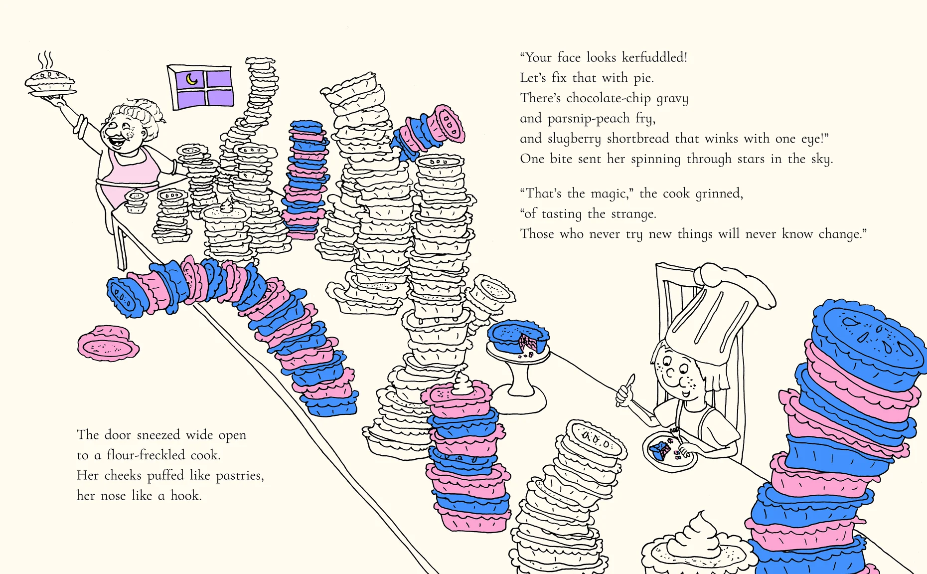 A flour-freckled cook holds a pie aloft in a kitchen stacked to the ceiling with pink and blue pies.